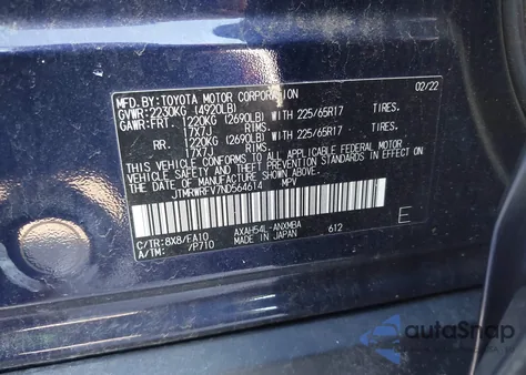 2022 Toyota Rav4 Hybrid Xle from USA, damaged, VIN JTMRWRFV7ND564614